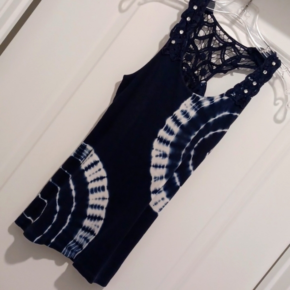 INC navy & white tie-dye rib tank with guipure lace - M - Picture 1 of 6
